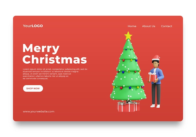 Landing page man opening christmas gifts at home 3d rendering 3d illustration Premium Psd