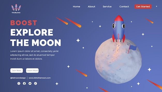 Landing page template 3d design with moon, rocket, meteor