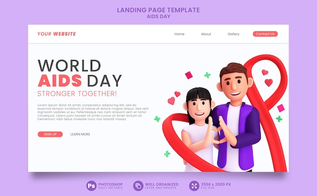 PSD landing page template in 3d render for world aids day