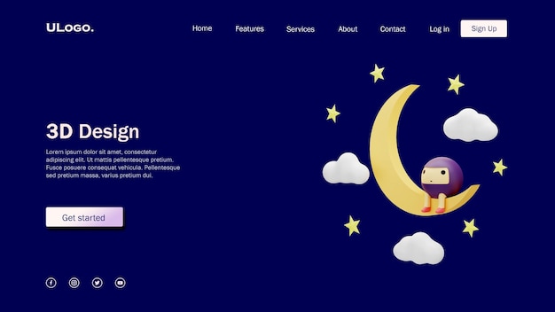 Landing page template concept with a moon and cute round shape characters in 3d design