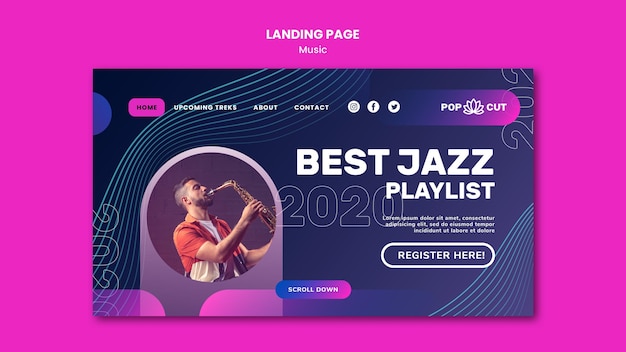 Landing page template for music with male jazz player and saxophone