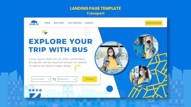 Landing page template for public transportation with female commuter