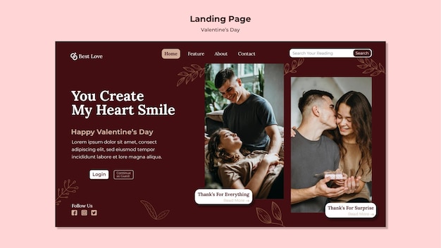 Landing page template for valentine's day with  romantic couple