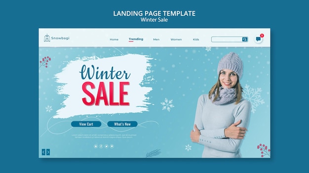 Landing page template for winter sale with woman and snowflakes