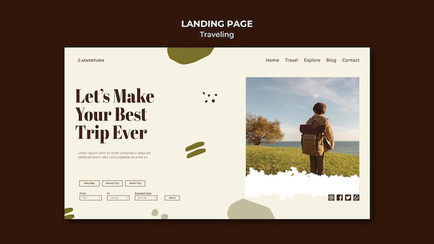 Landing page template with backpacking traveling child