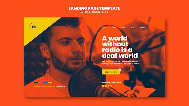 Landing page template for world radio day with broadcaster and microphone