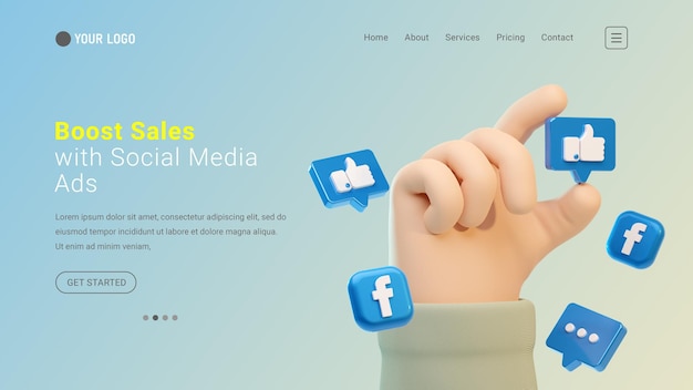 Landing page website with 3d hand gesture and facebook social media icons