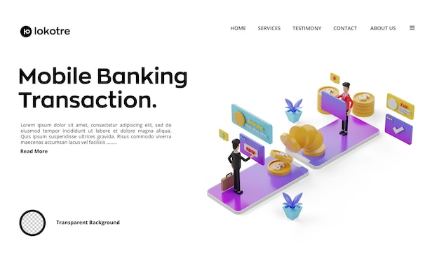 landing page with 3d Isometric mobile banking illustration. man sending money using mobile banking