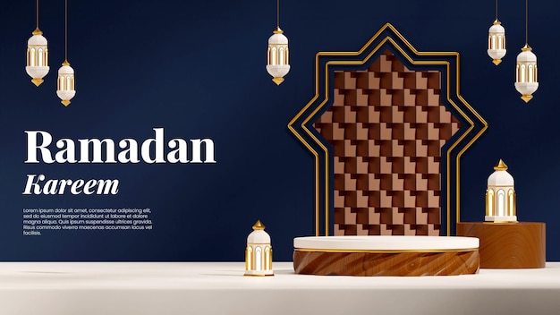 in landscape arabian lantern ramadan kareem, 3d render blank space wood texture podium