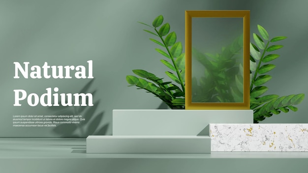 in landscape gold frame and zamia plant 3D rendering mockup space mint green and marble block podium