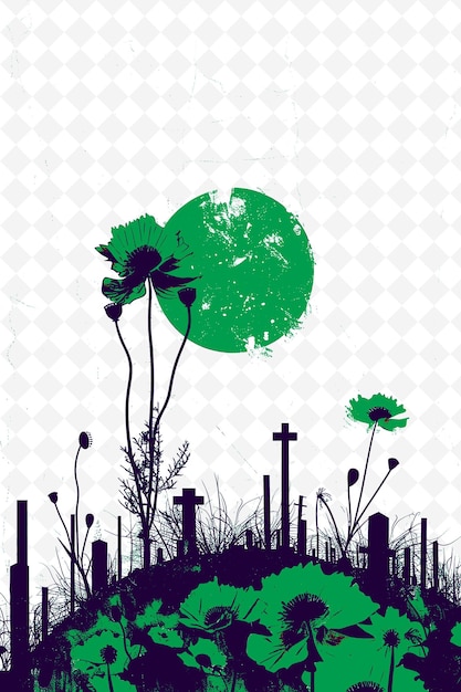 a landscape of graves with a green planet on the top of it