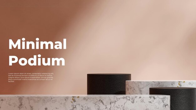 PSD in landscape light brown wall 3d image render blank mockup black ceramic and marble podium