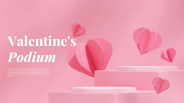 in landscape pink heart shape floating 3d image render blank mockup white podium valentine's day