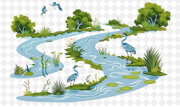 PSD a landscape of a river with a bird and other birds