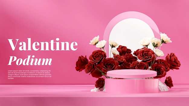 in landscape rose and daisy flower in valentine 3d rendering blank mockup pink podium cylinder
