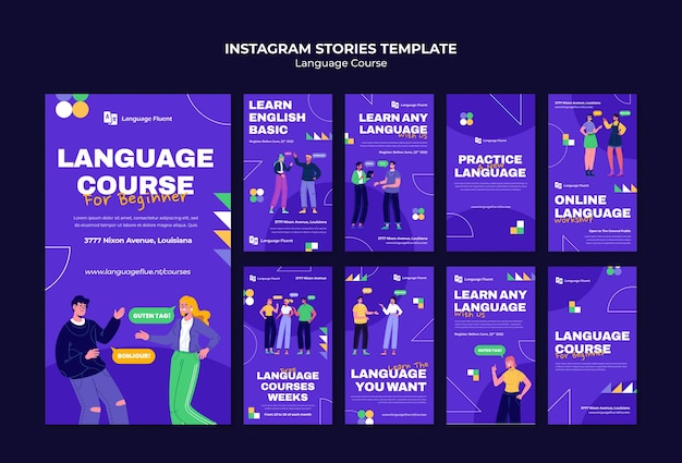 Language classes instagram stories collection with people and geometric shapes