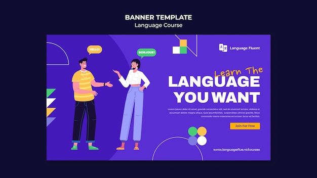 Language courses horizontal banner template with people and geometric shapes