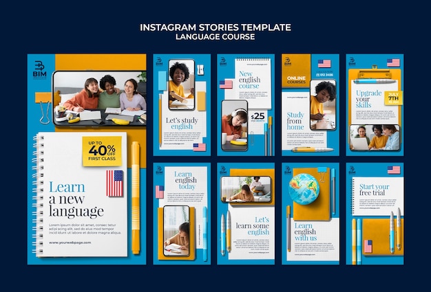 Language courses instagram stories collection with school supplies