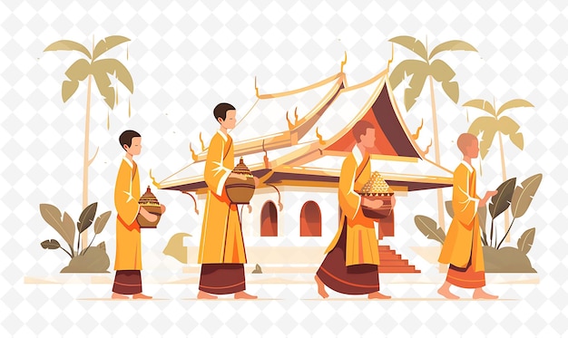 Laotian Monks Collecting Alms Design Is Spiritual and Peacef Illustration Cutural Landscape View