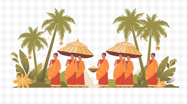 PSD laotian monks collecting alms design is spiritual and peacef illustration cutural landscape view