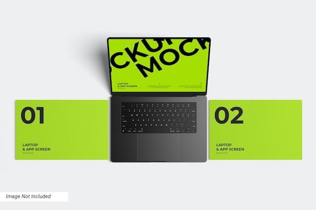 PSD laptop and app screen mockup top view