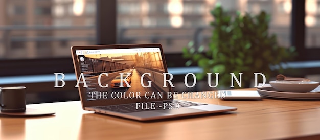 laptop and coffee on wooden table blur background indoor cafe