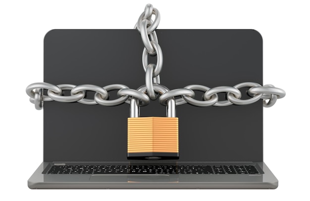 PSD laptop computer with chain and padlock security and protection concept 3d rendering isolated on transparent background