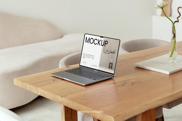 Laptop Device Screen Editable Mockup on Office Wood Desk Psd