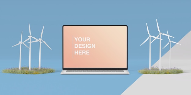 Laptop mockup near windmills and grass