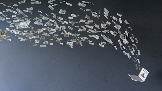 PSD laptop mockup with dollar bills flying towards it