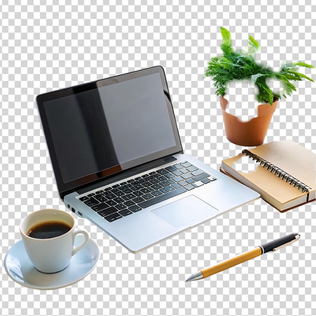 A laptop notebook coffee mug potted plant and cup of coffee on transparent background