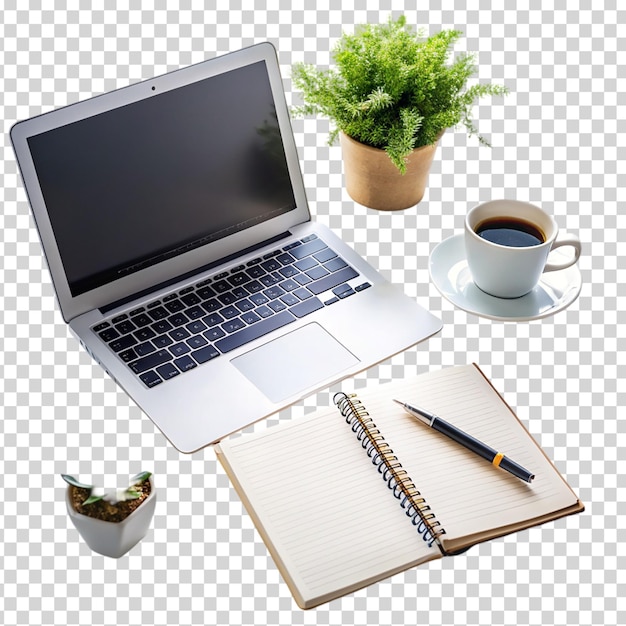 A laptop notebook coffee mug potted plant and cup of coffee on transparent background