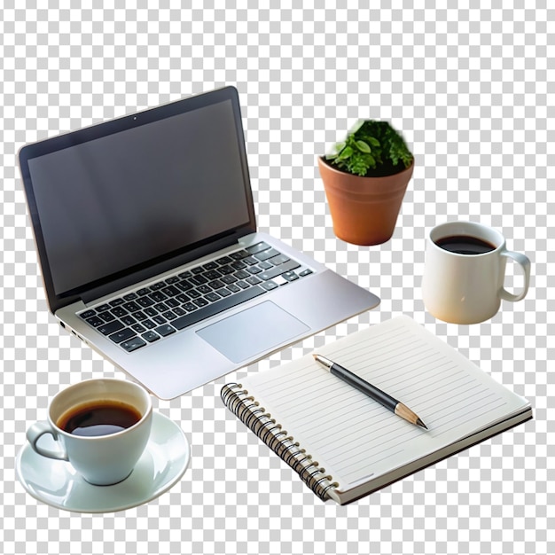 A laptop notebook coffee mug potted plant and cup of coffee on transparent background