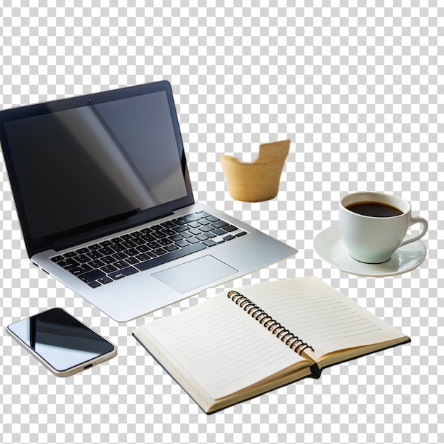 A laptop notebook coffee mug potted plant and cup of coffee on transparent background