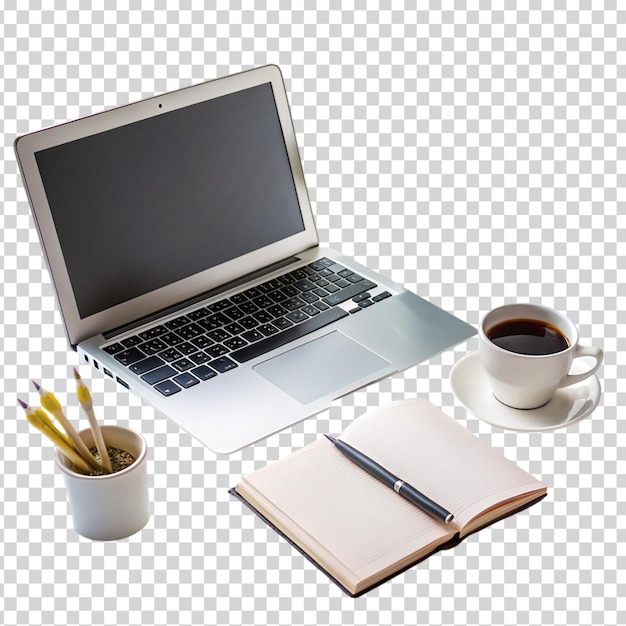 A laptop notebook coffee mug potted plant and cup of coffee on transparent background