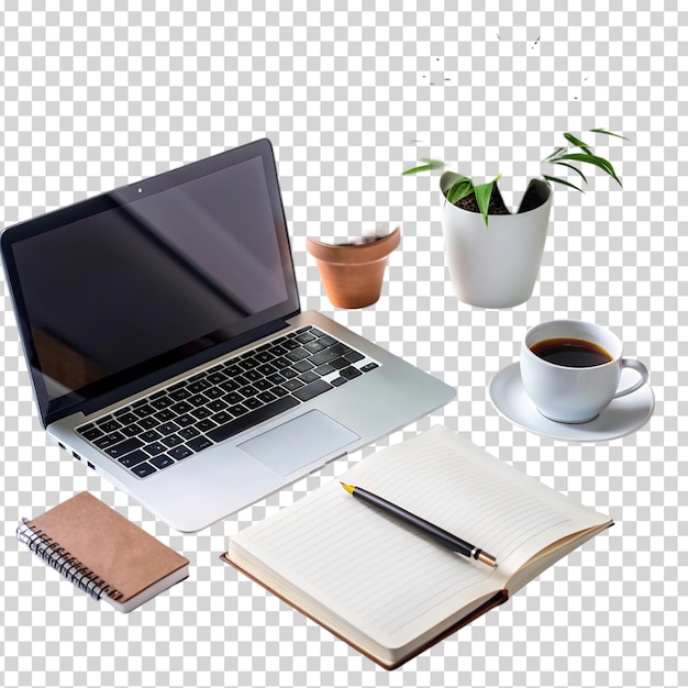 A laptop notebook coffee mug potted plant and cup of coffee on transparent background