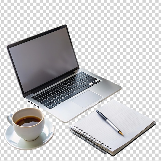 A laptop notebook coffee mug potted plant and cup of coffee on transparent background