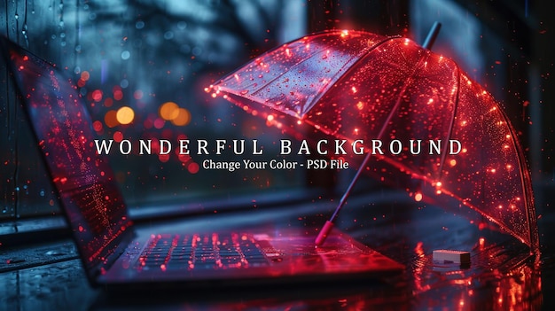 PSD laptop under a red umbrella in the rain