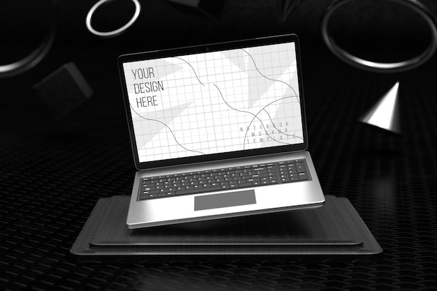 Laptop screen mockup above square pedestal with 3d geometric shapes background