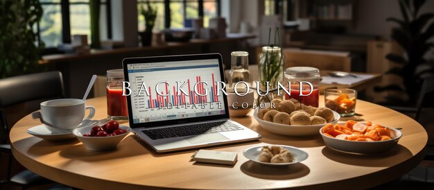 PSD laptop screen with bar graphs and pie charts on office desk