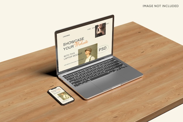 Laptop and smartphone mockups on a wood table