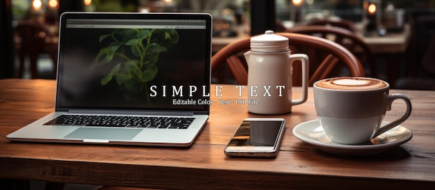 Laptop tablet and coffee cup on a wooden table