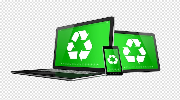 Laptop tablet PC and smartphone with a recycling symbol on screen environmental conservation concept