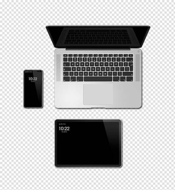 Laptop tablet and phone set mockup isolated on transparent background 3D render