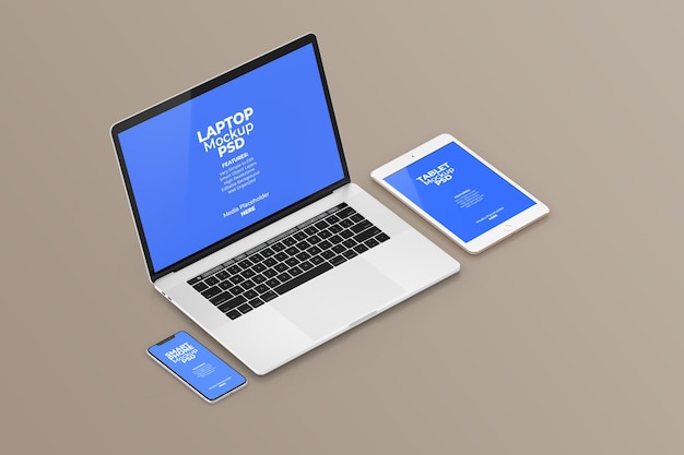 Laptop tablet and smart phone multi devices screen mockup template with editable background PSD