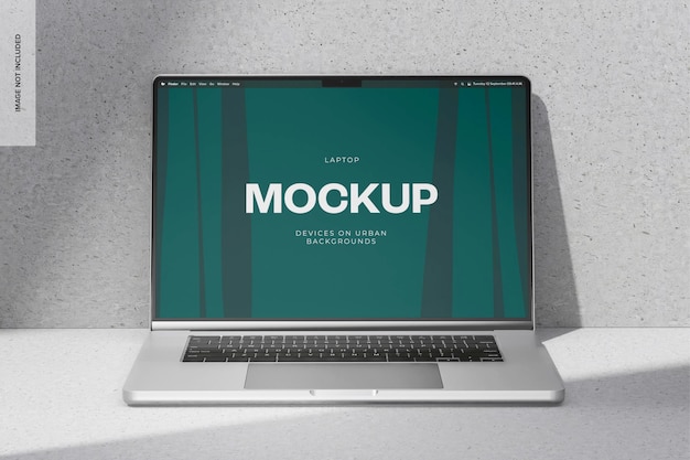 Laptop on Urban Background Mockup, Front View