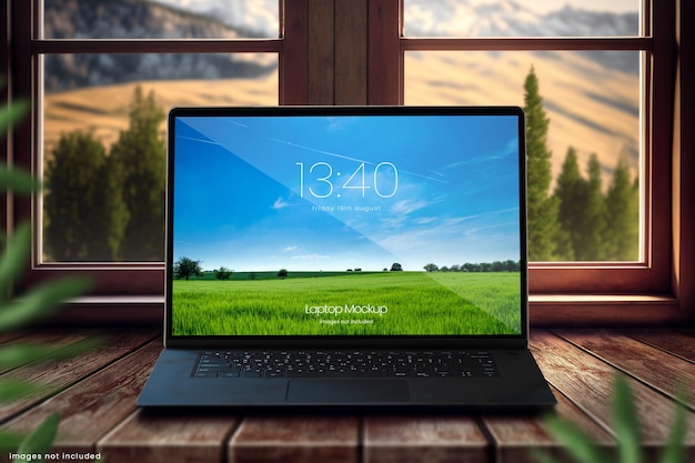 A laptop with the time of 13 : 40 on the screen