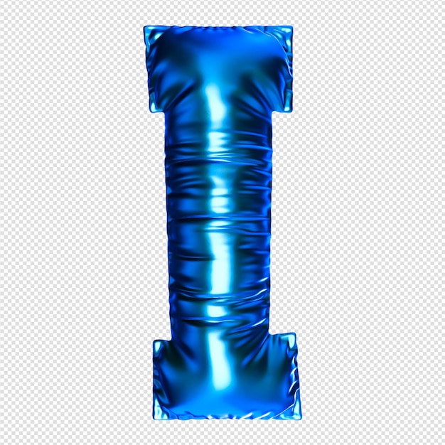 A large blue letter i with a shiny metallic ribbon.