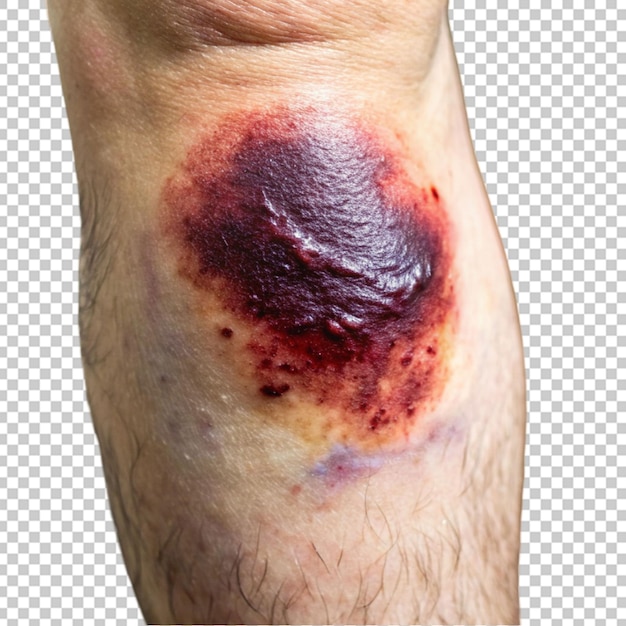 large bruise on the leg on the knee severe trauma