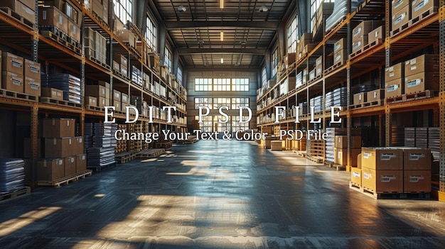 Large Empty Warehouse with Pallets of Goods on Shelves